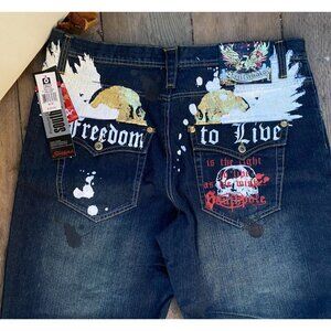 BNWT Y2K SouthPole Embroidered Freedom to Live Tint Khaki Jeans Size 42